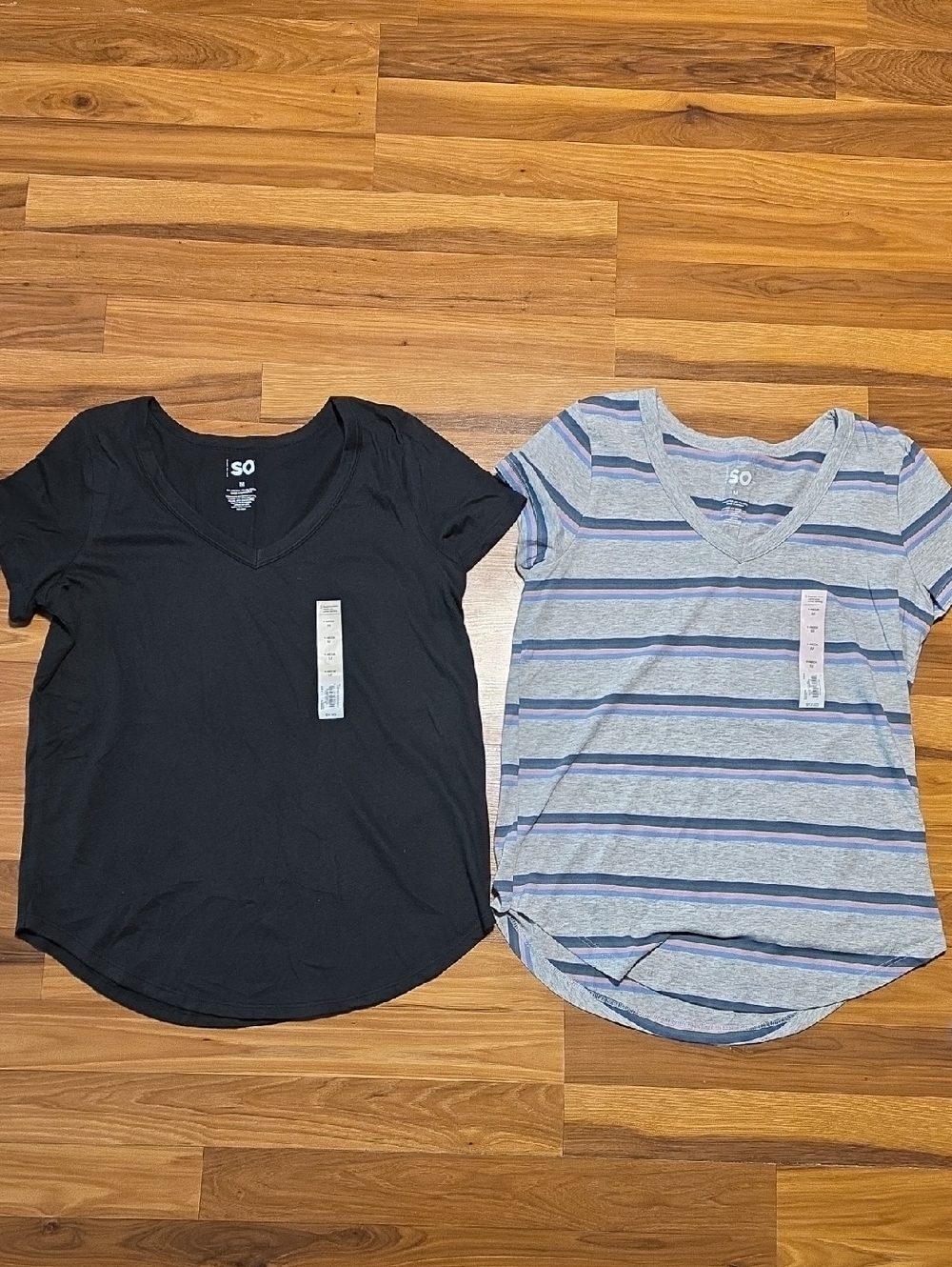 SO Black V-Neck Tee & Gray Blue Striped V-Neck